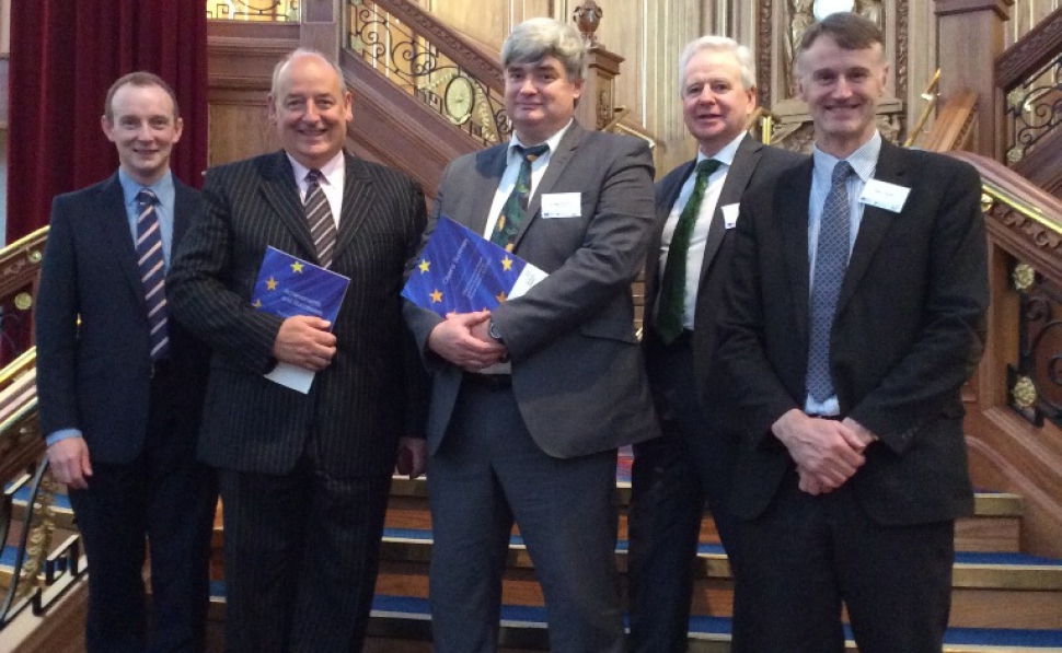 From left to right are Paul Brush (Head of DETI, European Support Unit), Owen Lamont (Managing Director, Equiniti), Dr Hugh Cormican (CEO, Cirdan Imaging), Kevin McCann and William McCulla (both Invest NI).