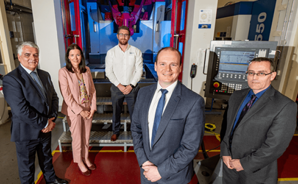 Mel Chittock, INI Interim CEO; Joanne Coyle, INI Advanced Manufacturing &amp; Engineering R&amp;D Manager; Chris Beverland, Engineering Manager of RLC (UK) Ltd &amp; Chair of SCENIC Steering committee; Economy Minister, Gordon Lyons; Rory Collins, Queen&#039;s University