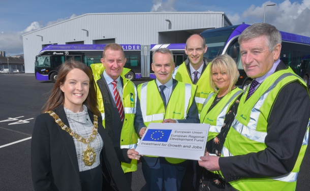 From L to R: Cllr Nuala McAllister, Lord Mayor of Belfast, David Henry, Henry Brothers Construction, Chris Conway, CEO Translink, Ian Morrison, ERDF Managing Authority, Maeve Hamilton, ERDF Managing Authority, Ciarán De Búrca Dept for Infrastructure.